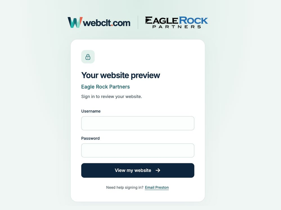 WebCLT client preview sign-in screen for Eagle Rock Partners, with empty username and password fields.