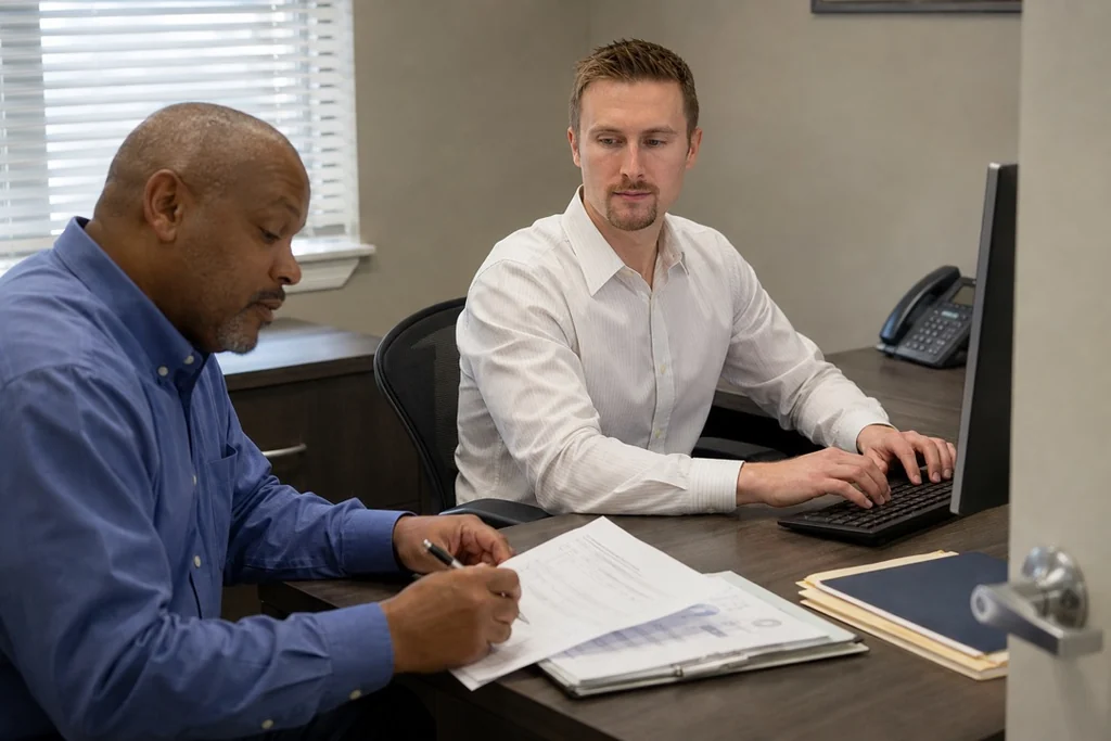 Preston at a computer with a man reviewing paperwork at an office desk.