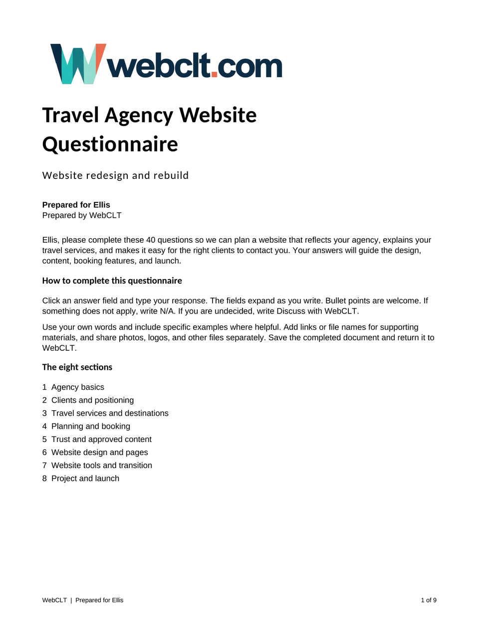 First page of a WebCLT 40-question website questionnaire prepared for Ellis, a travel-agency example.