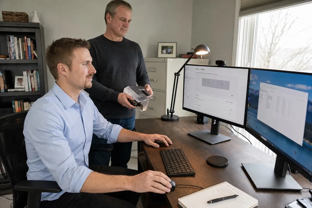 Preston at two computer monitors with a man nearby