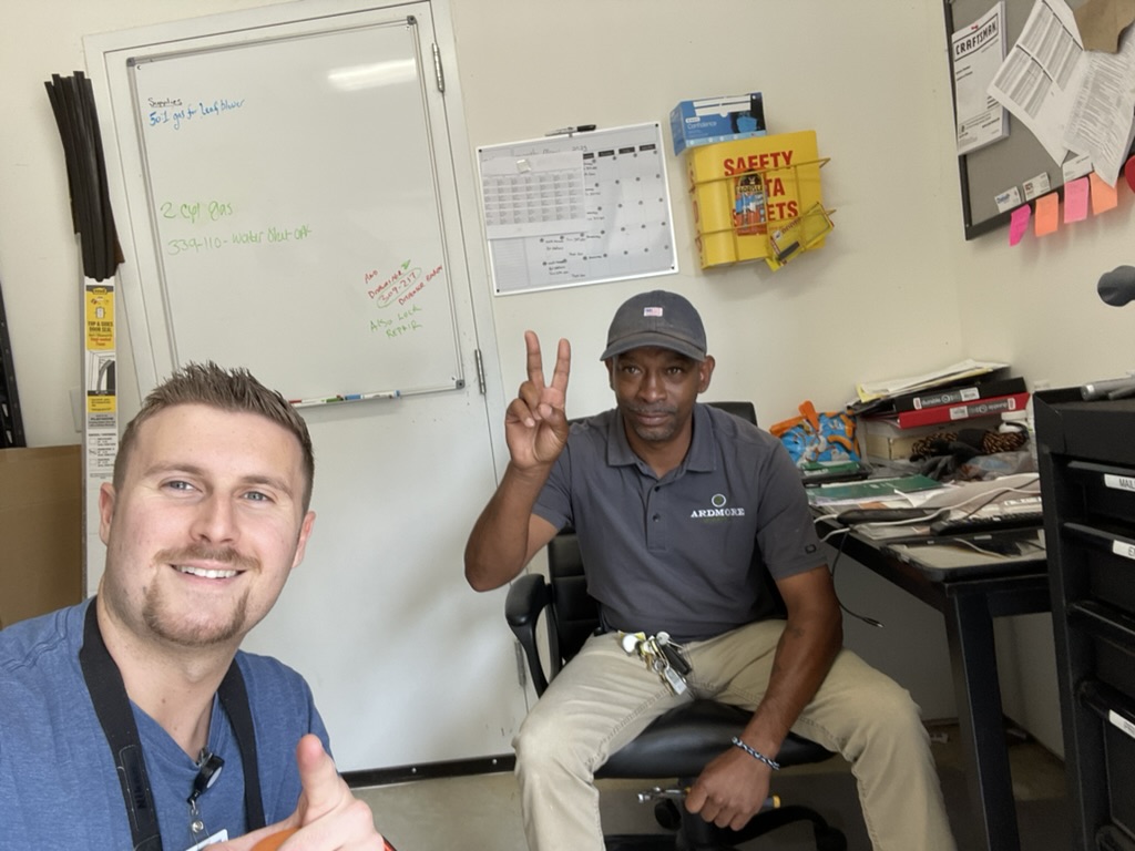Preston with a maintenance business owner in Steele Creek