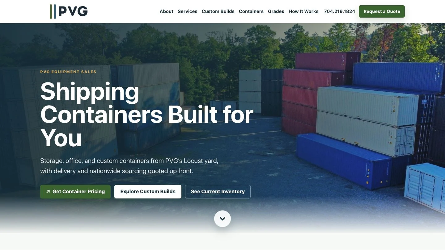 PVG Equipment Sales website featuring storage containers and quote actions