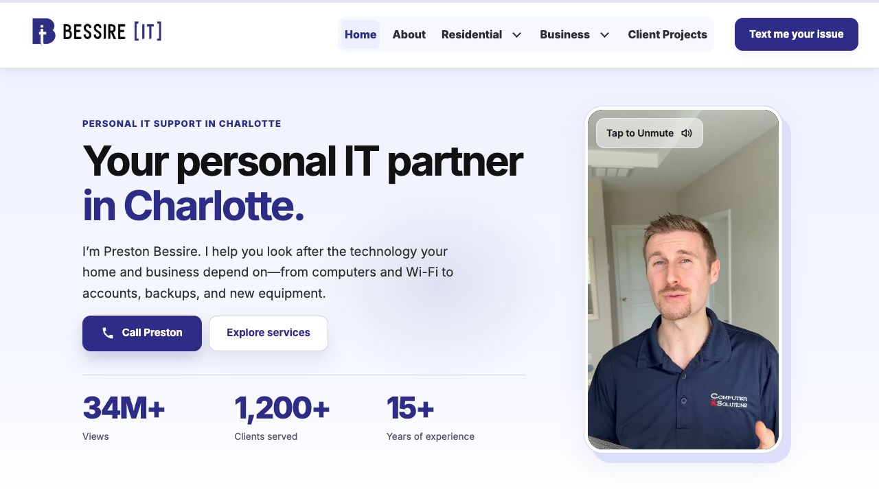 Bessire IT homepage introducing Preston and personal IT support for Charlotte homes and businesses