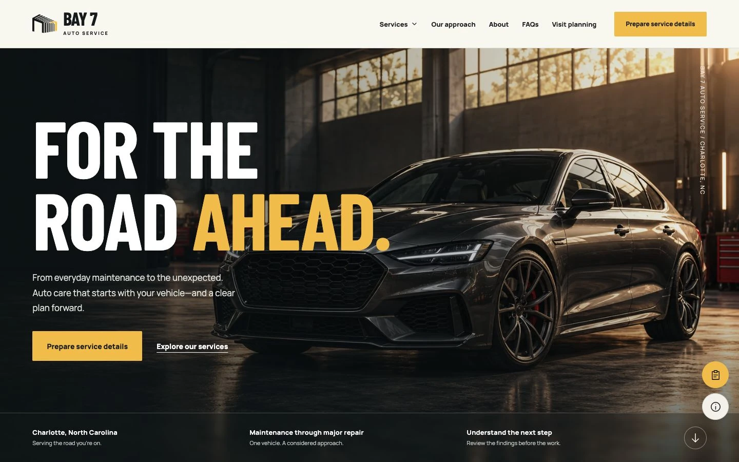 Bay 7 Auto Service homepage with the For the road ahead headline and a graphite sedan
