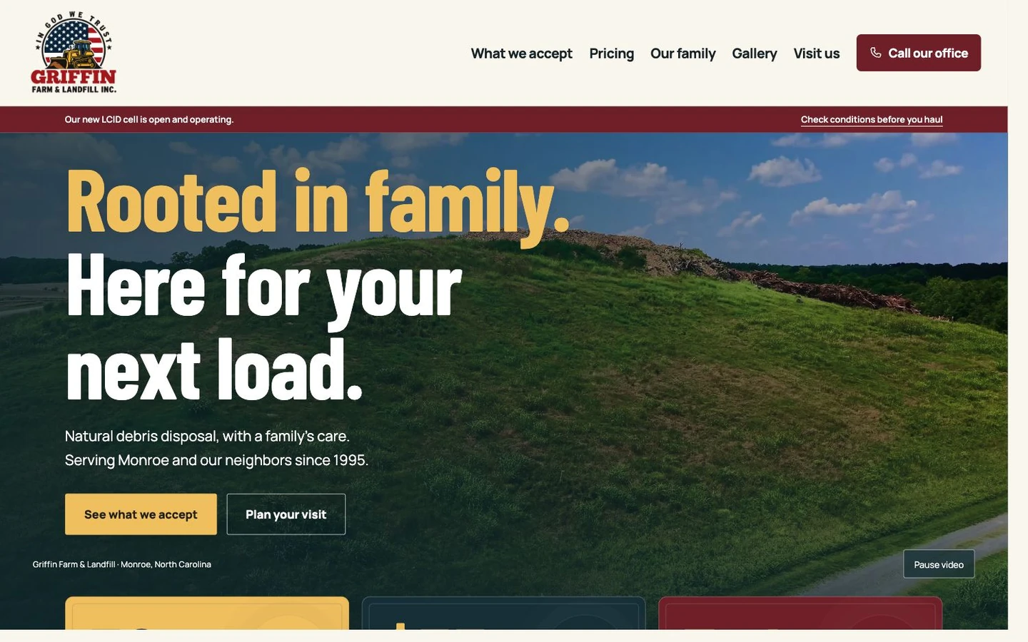 Griffin Farm & Landfill website mockup with the Rooted in family headline over aerial footage
