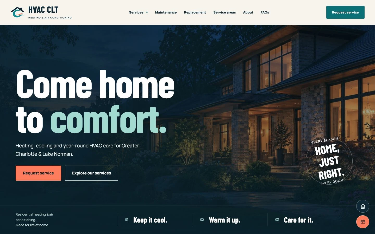 HVAC CLT homepage with the Come home to comfort headline over an illuminated house