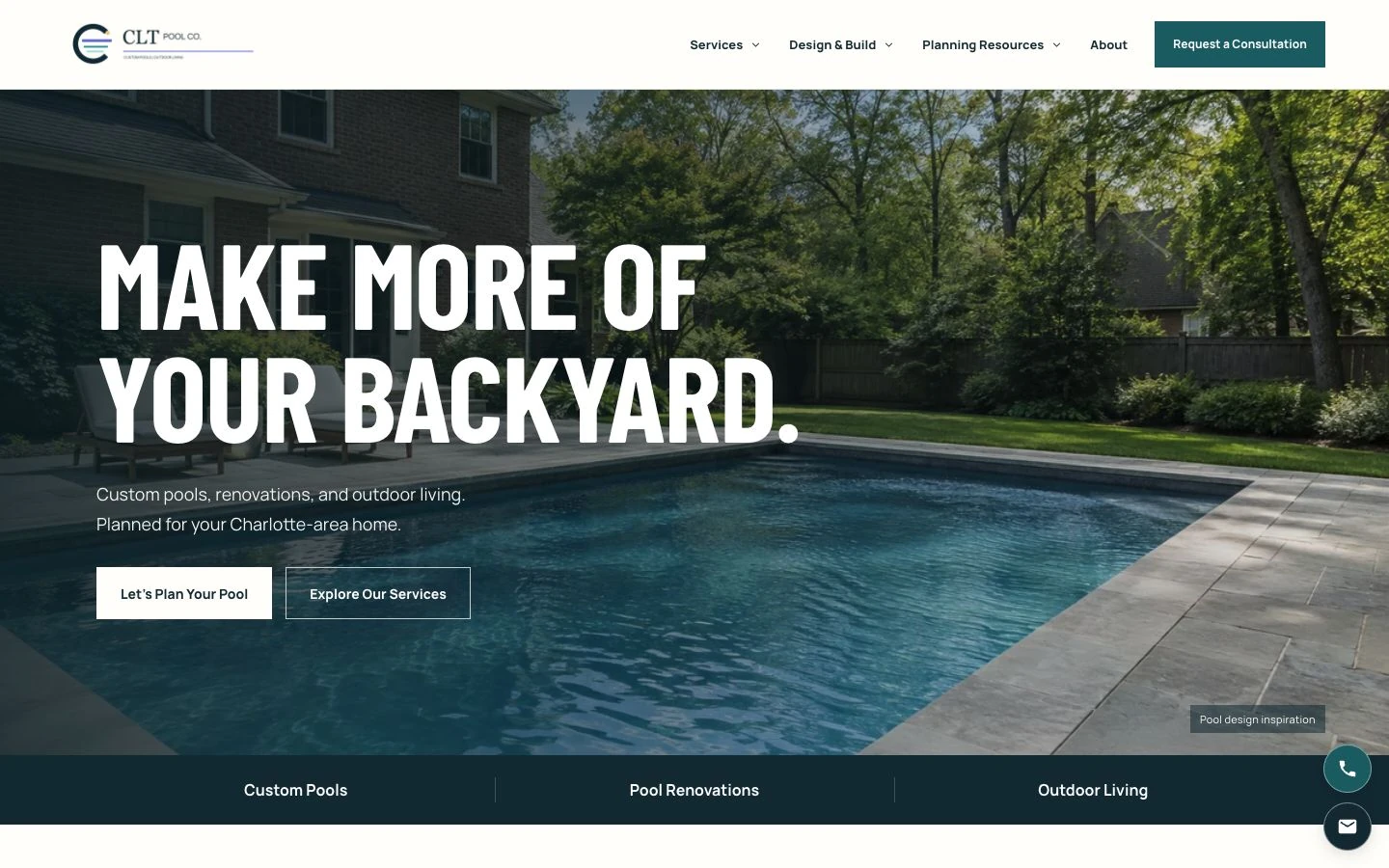 CLT Pool Co. homepage with the Make more of your backyard headline over a pool