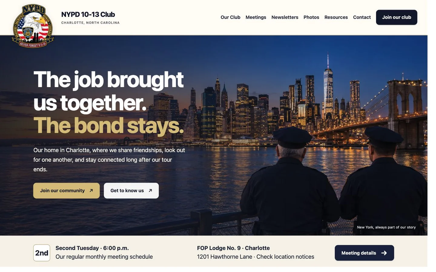 NYPD 10-13 Club of Charlotte website mockup with the New York skyline, two officers, and club information