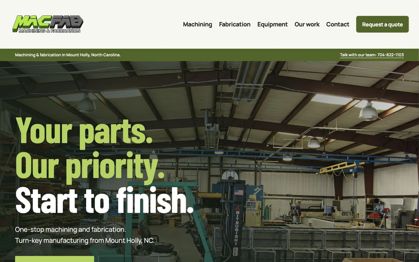 MACFAB website mockup introducing machining and fabrication services from Mount Holly, North Carolina