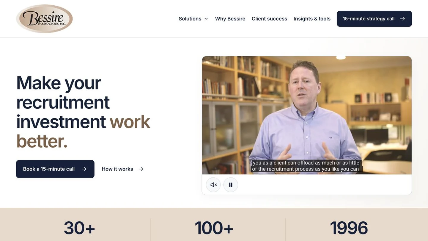 Bessire & Associates live recruitment advertising website with an introduction video