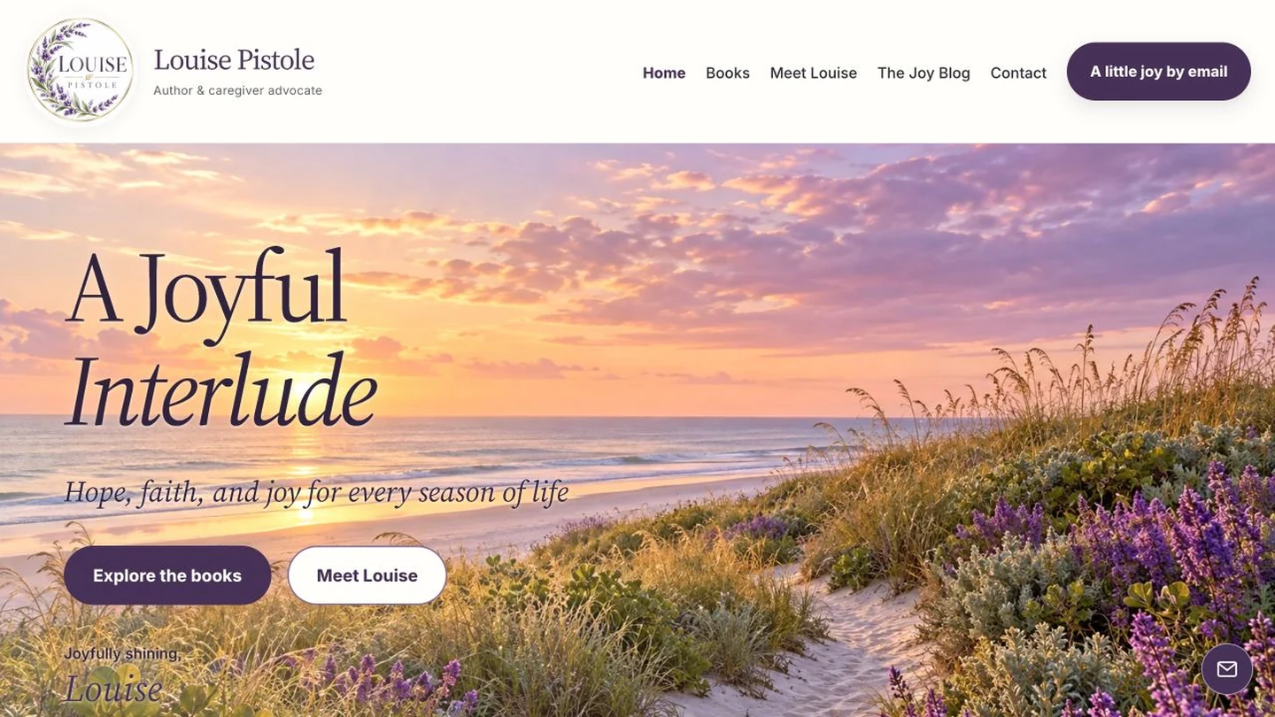 Louise Pistole live author website with the A Joyful Interlude headline over a coastal sunrise