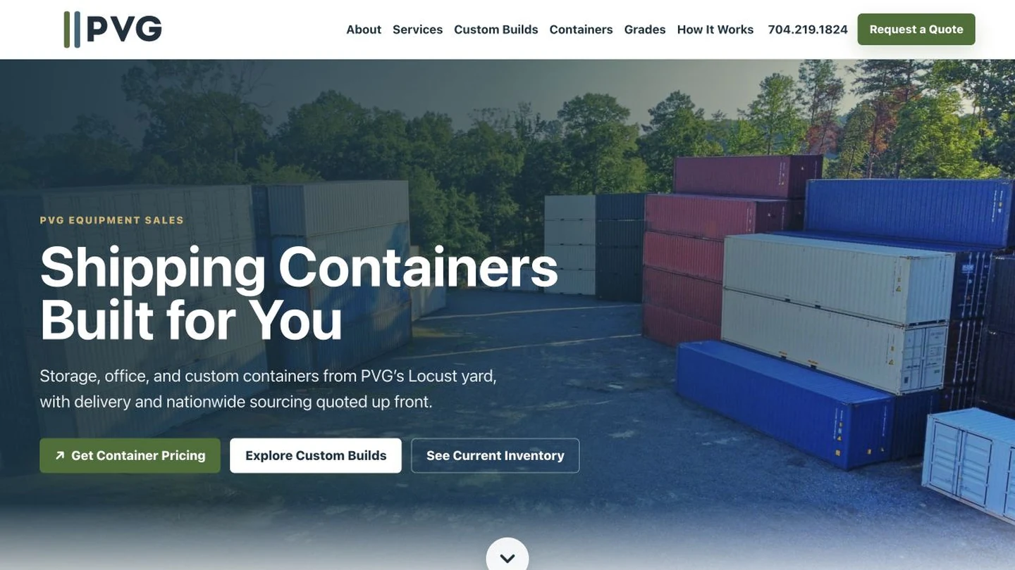 PVG Equipment Sales live homepage featuring shipping containers and custom builds