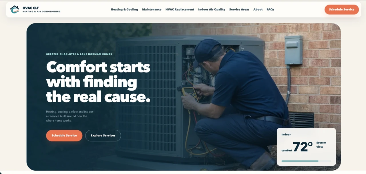 HVAC CLT homepage featuring heating, cooling, and indoor air quality services for local homes