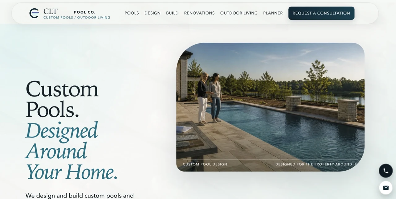 CLT Pool Co. homepage featuring custom pool and whole-yard outdoor living design